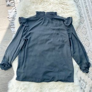 Ann Taylor Gray Ruffle Sleeve Smocked Neck Top